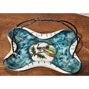 Vintage Hand Painted Ceramic Peacock Dish with Wire Handle Trinket
